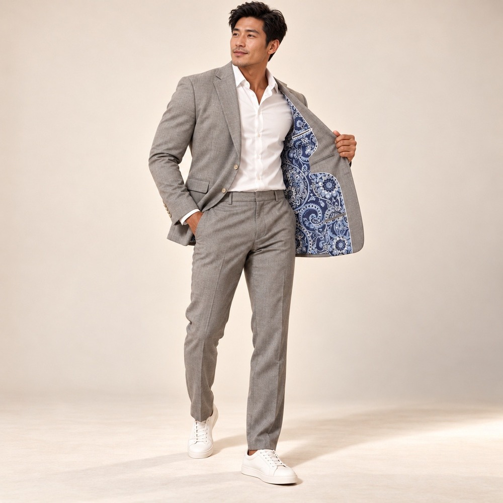 State & Liberty Athletic Fit 4-Way Stretch Mens Gray 2-Piece Suit Paisley Lining